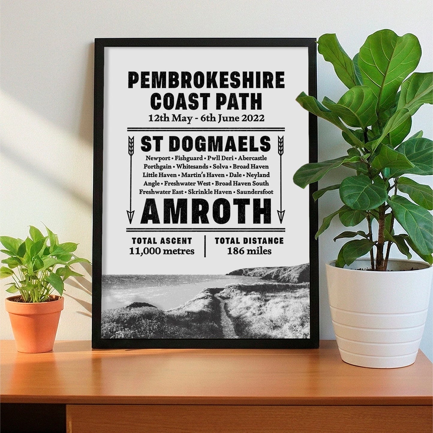 Framed print on sideboard beside a plant