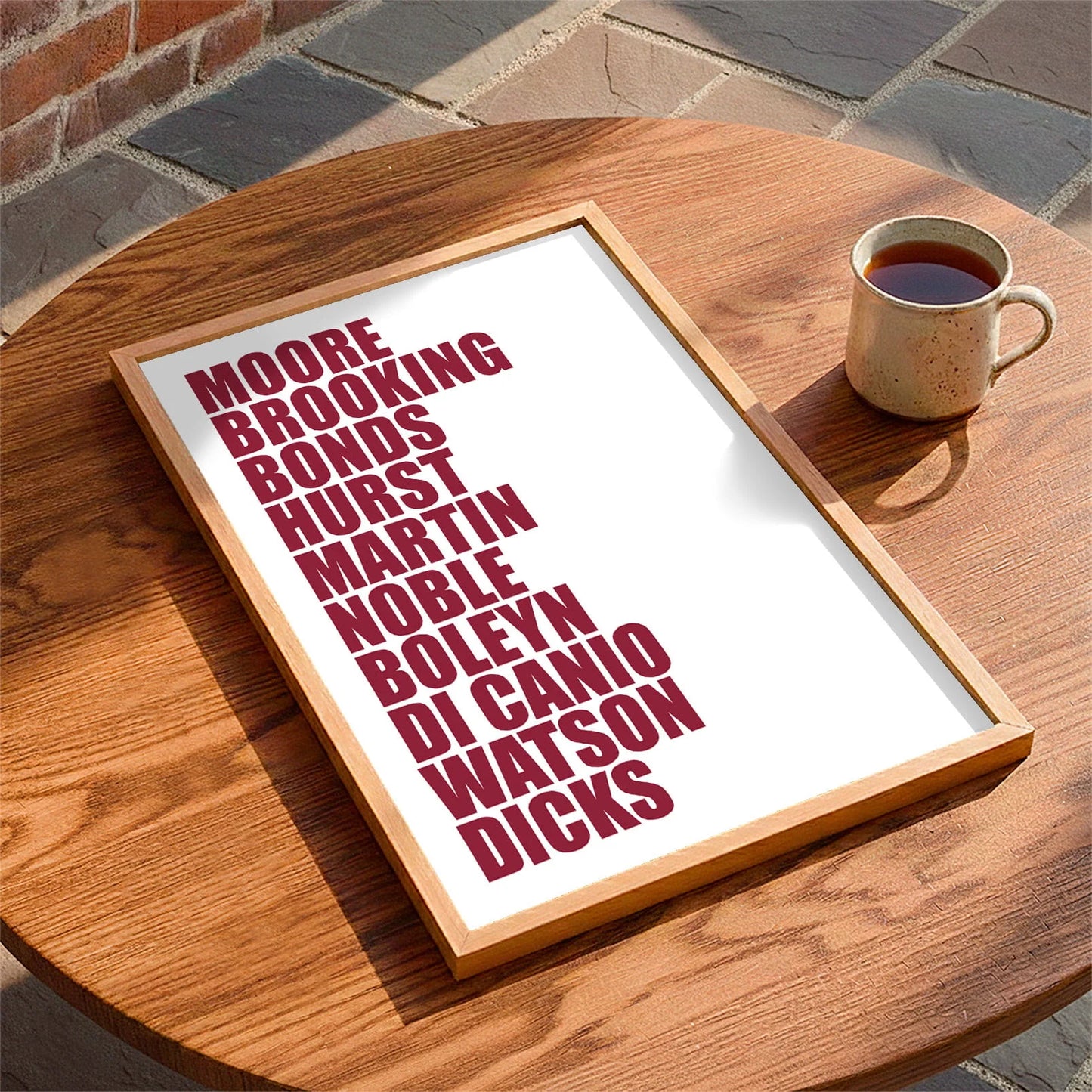Framed print laying on a table beside a mug of tea