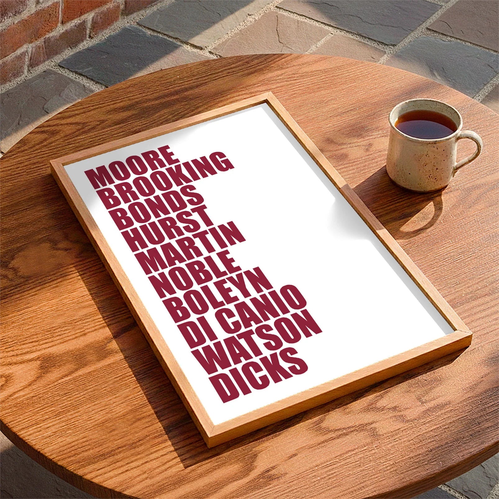 Framed print laying on a table beside a mug of tea
