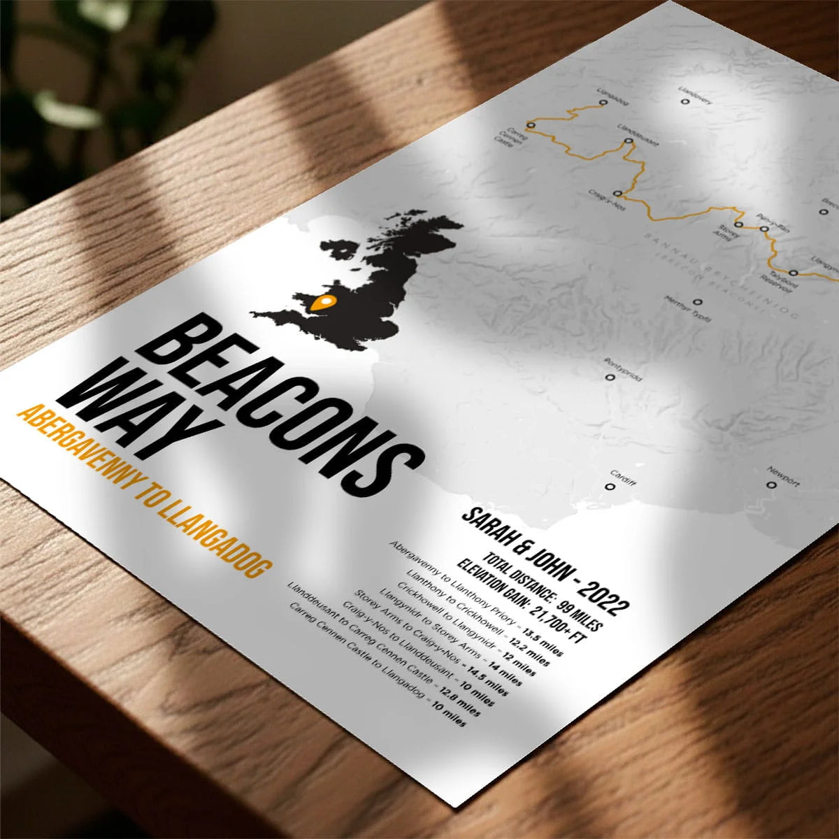 Print laying on table with speckled shade cast across the surface