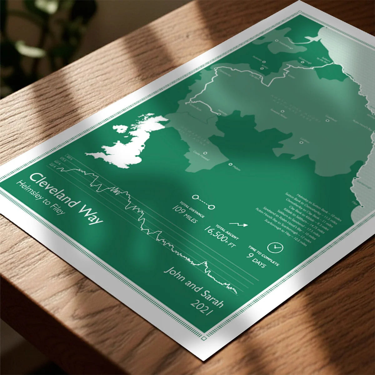 Print laying on table with speckled shade cast across the surface