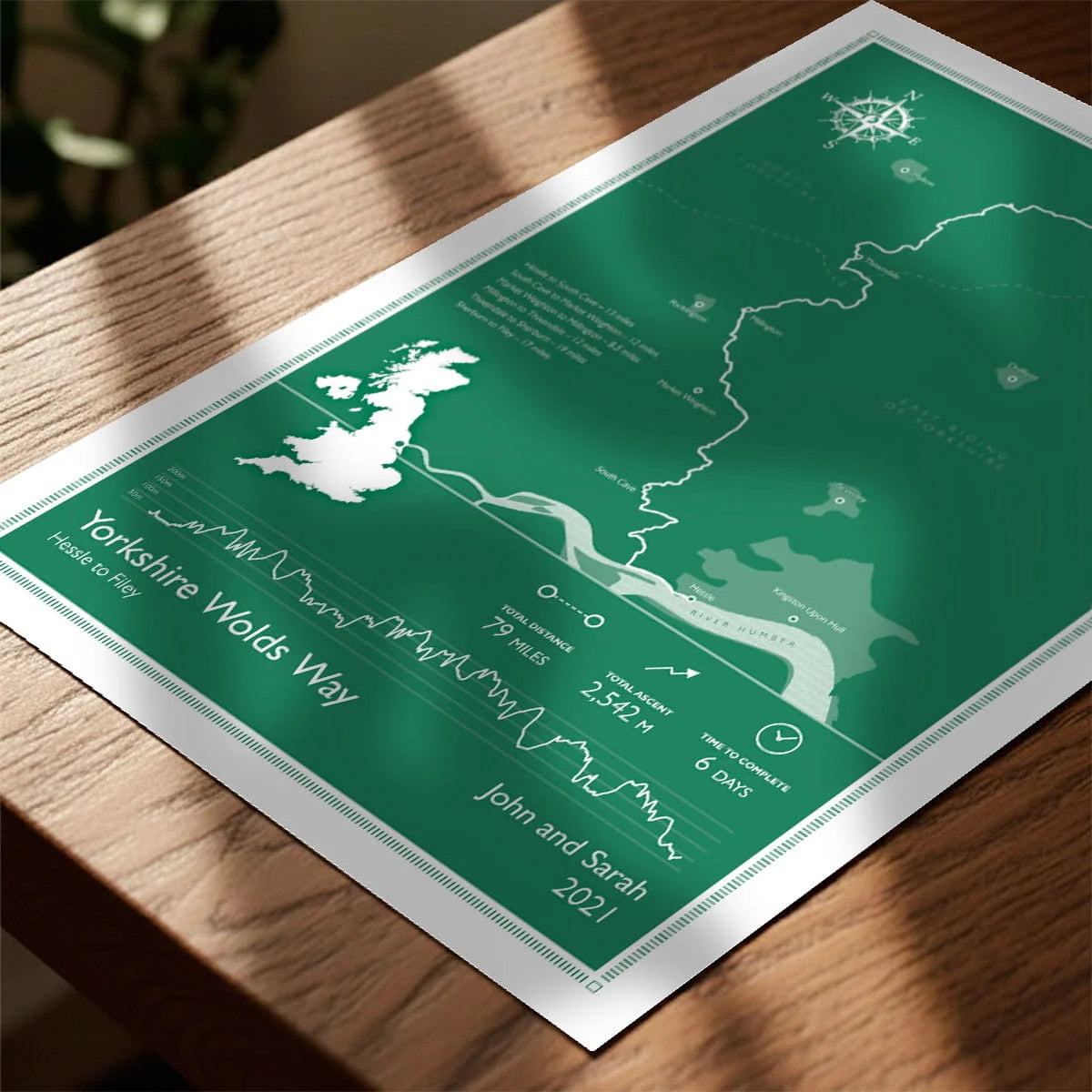 Print laying on table with speckled shade cast across the surface