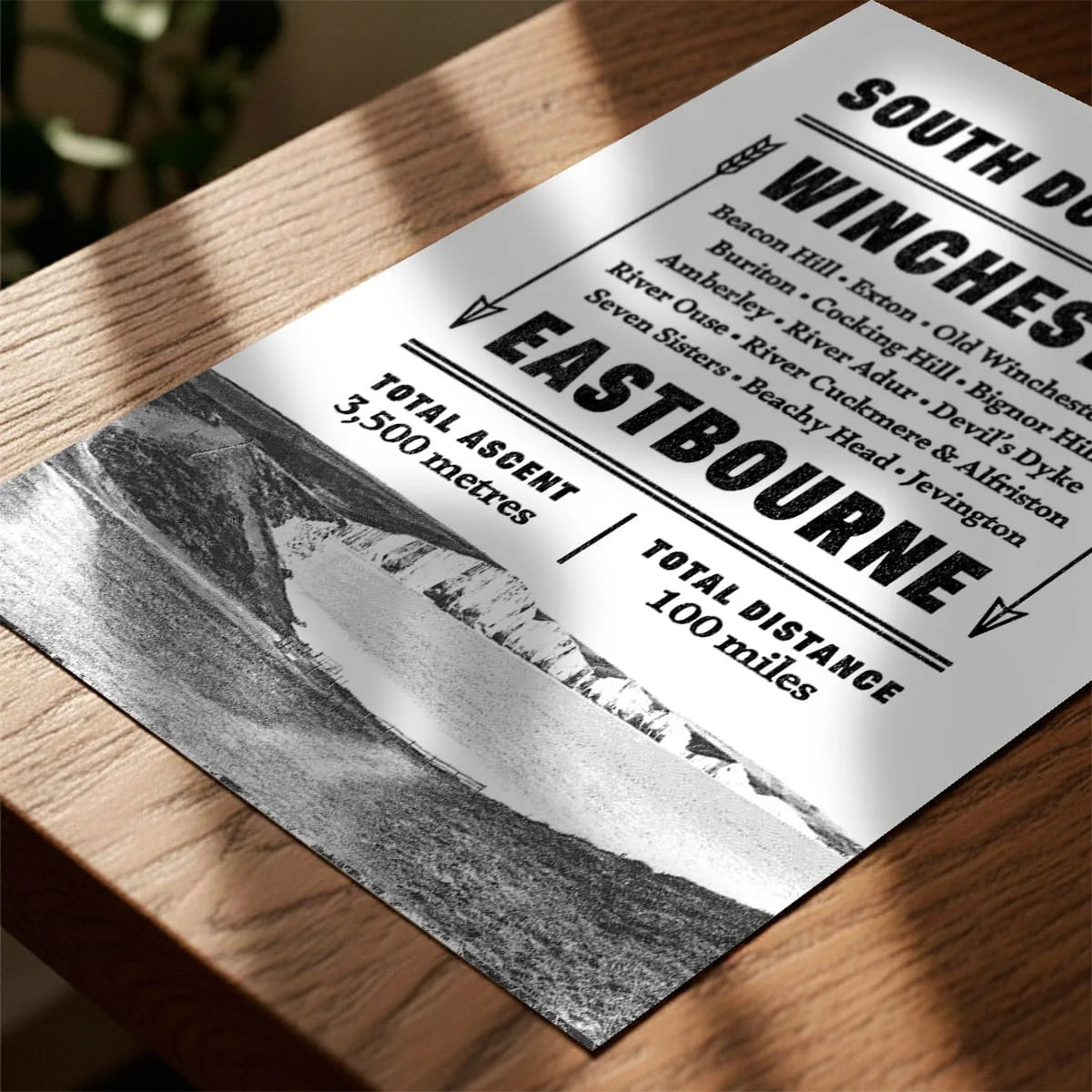 Print laying on table with speckled shade cast across the surface