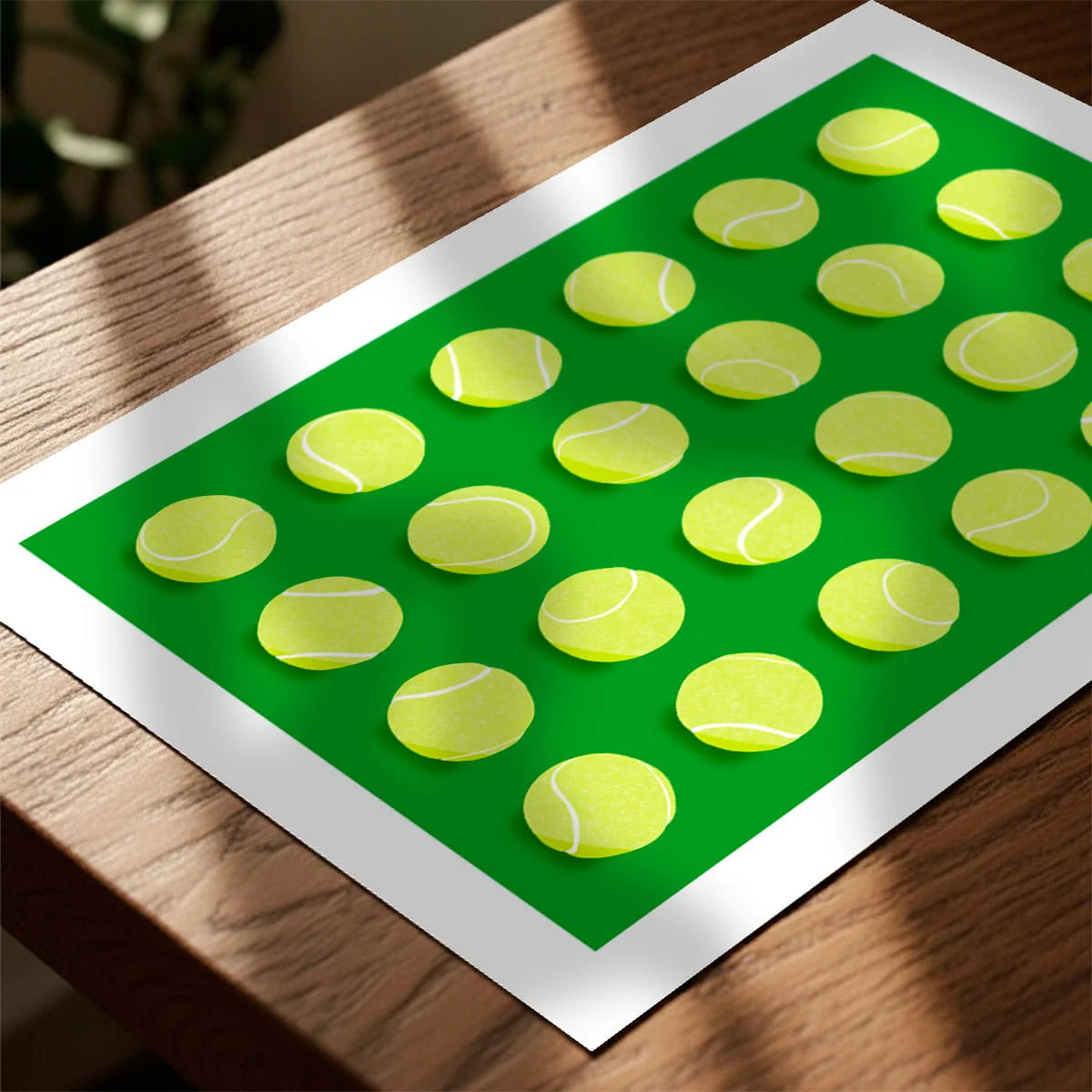 Print laying on table with speckled shade cast across the surface