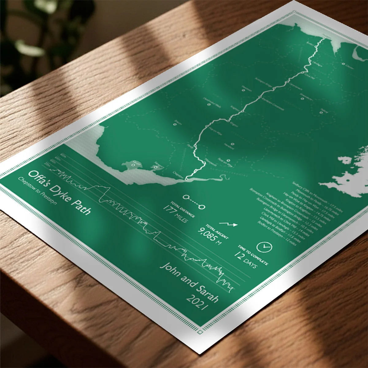 Print laying on table with speckled shade cast across the surface