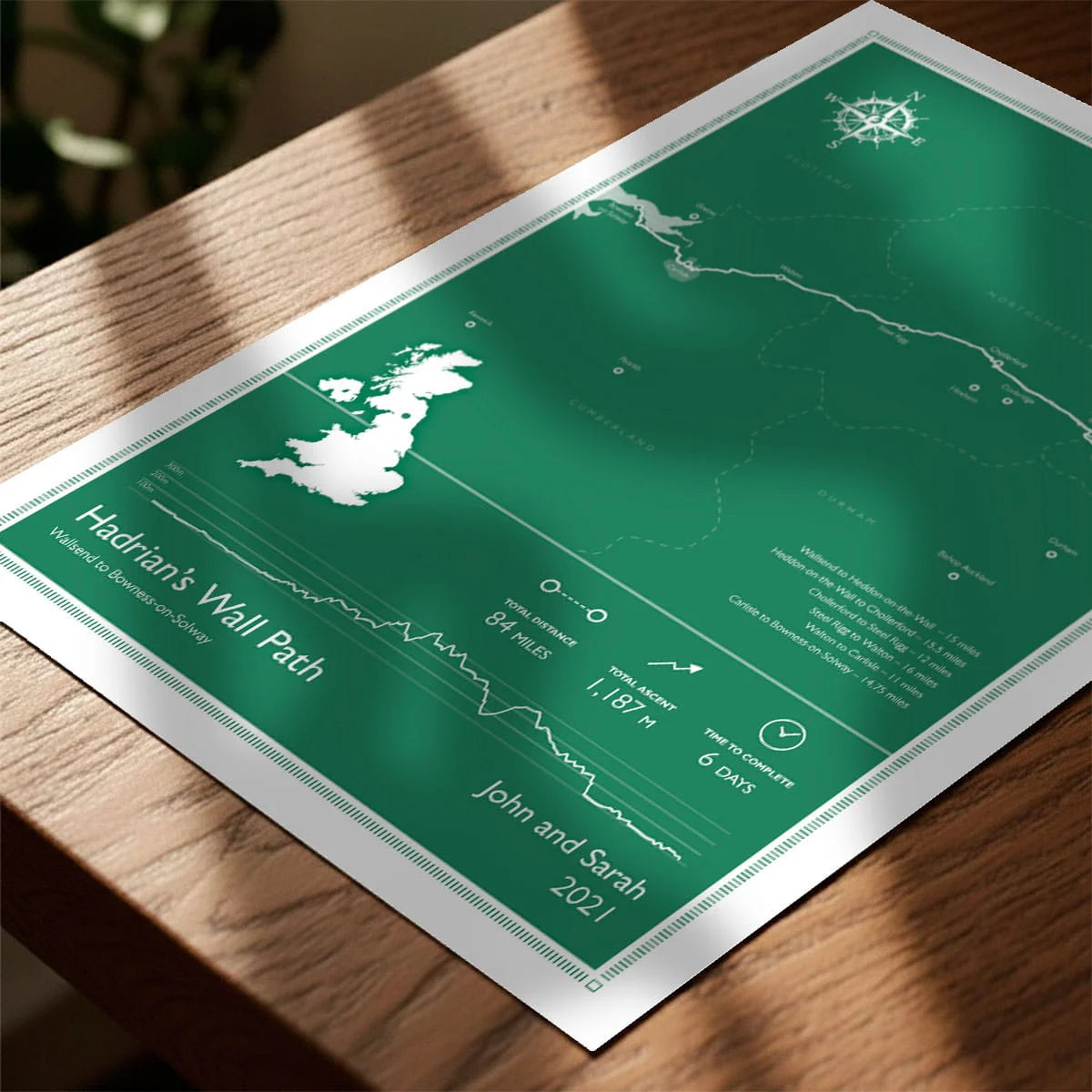 Print laying on table with speckled shade cast across the surface
