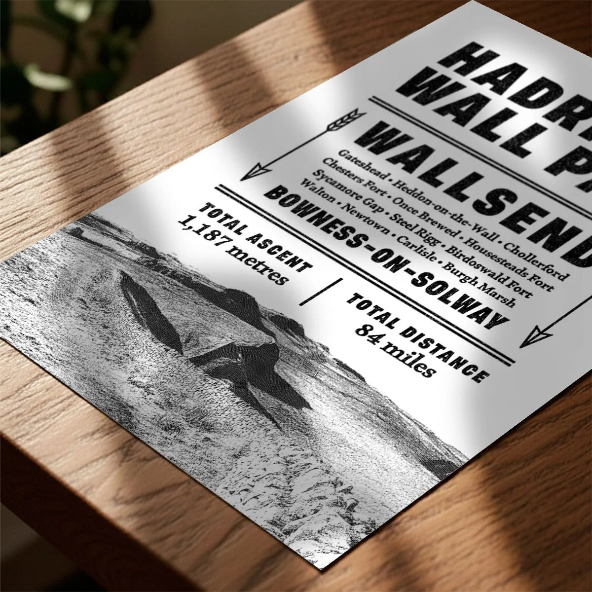 Print laying on table with speckled shade cast across the surface