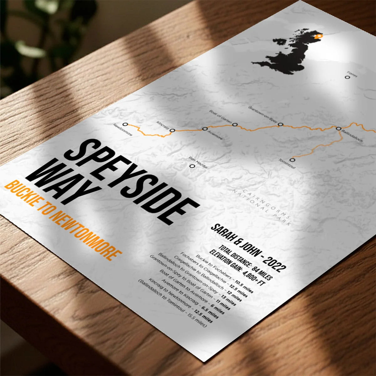 Print laying on table with speckled shade cast across the surface