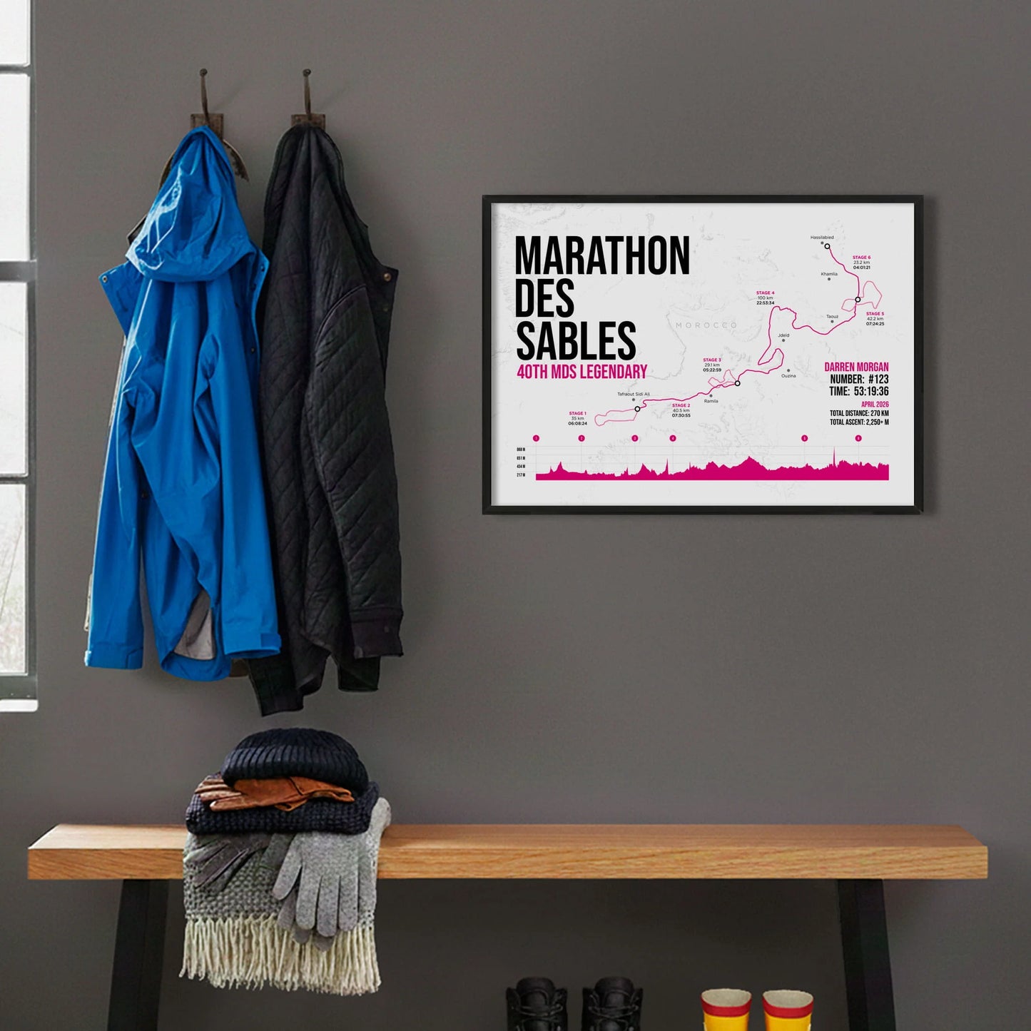 Framed print hanging on grey wall beside coats on hooks above walking boots and shows