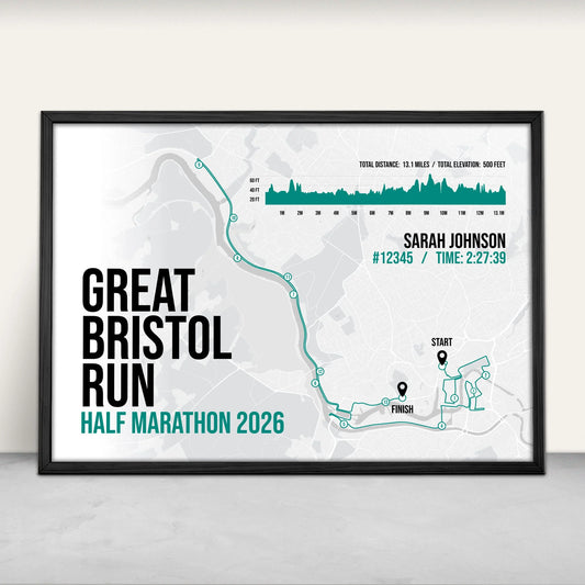 Personalised Great Bristol Run Half Marathon route map and elevation art print in green from Purest Green Prints