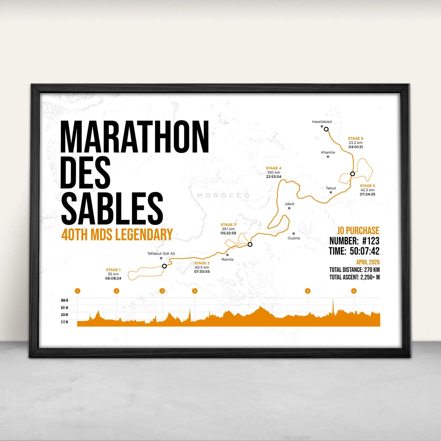 Marathon Des Sables Legendary Ultra Personalised Art Print in orange from Purest Green Prints