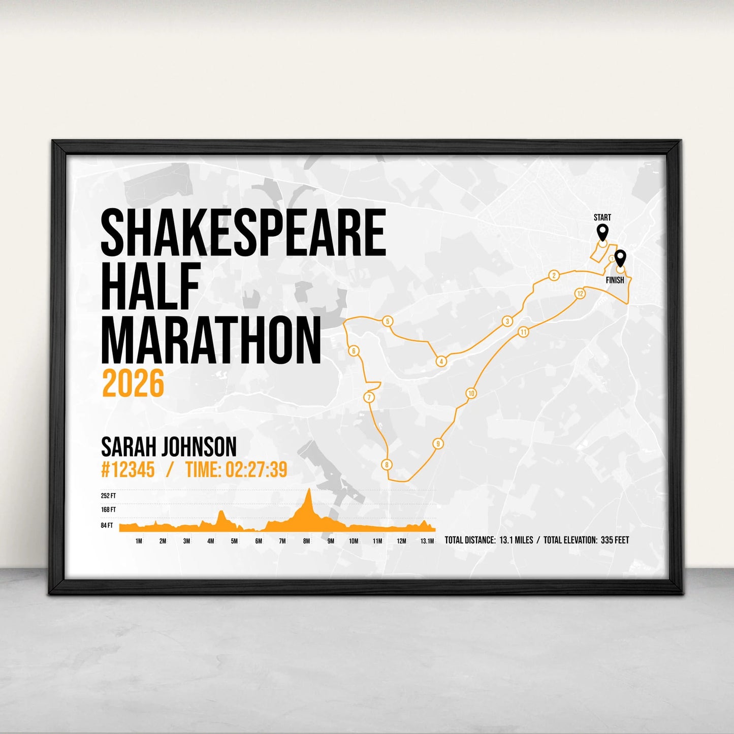 Shakespeare Half Marathon Personalised Art Print in orange from Purest Green Prints.