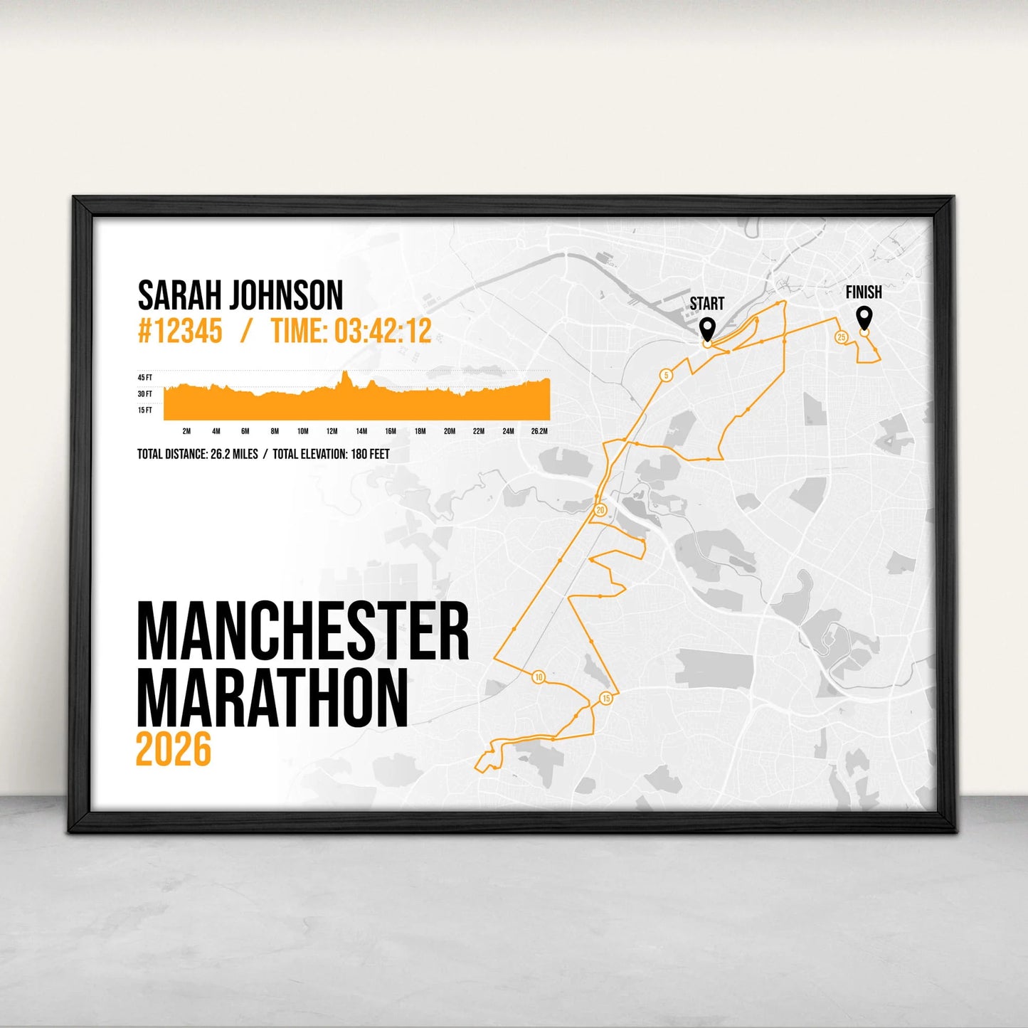 Personalised Manchester Marathon Art Print in orange from Purest Green Prints