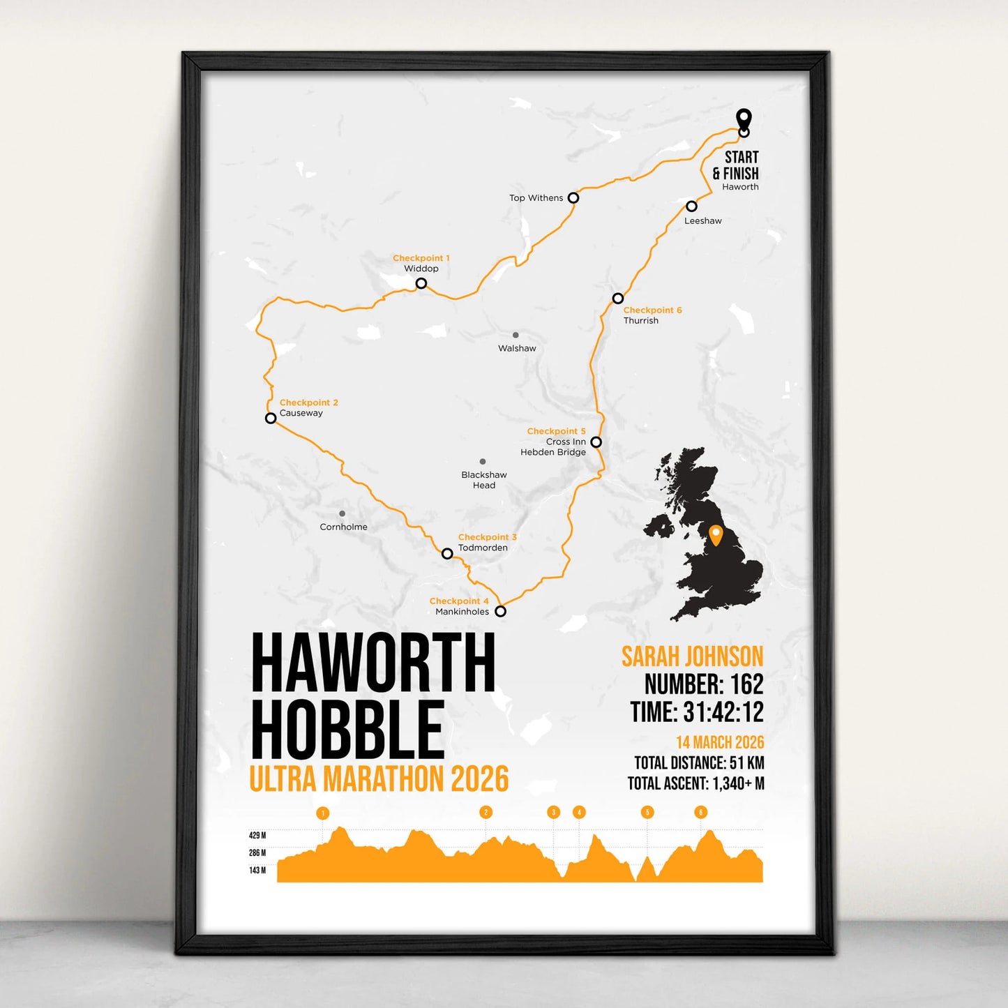 Haworth Hobble Ultra Marathon Personalised Art Print in orange from Purest Green Prints