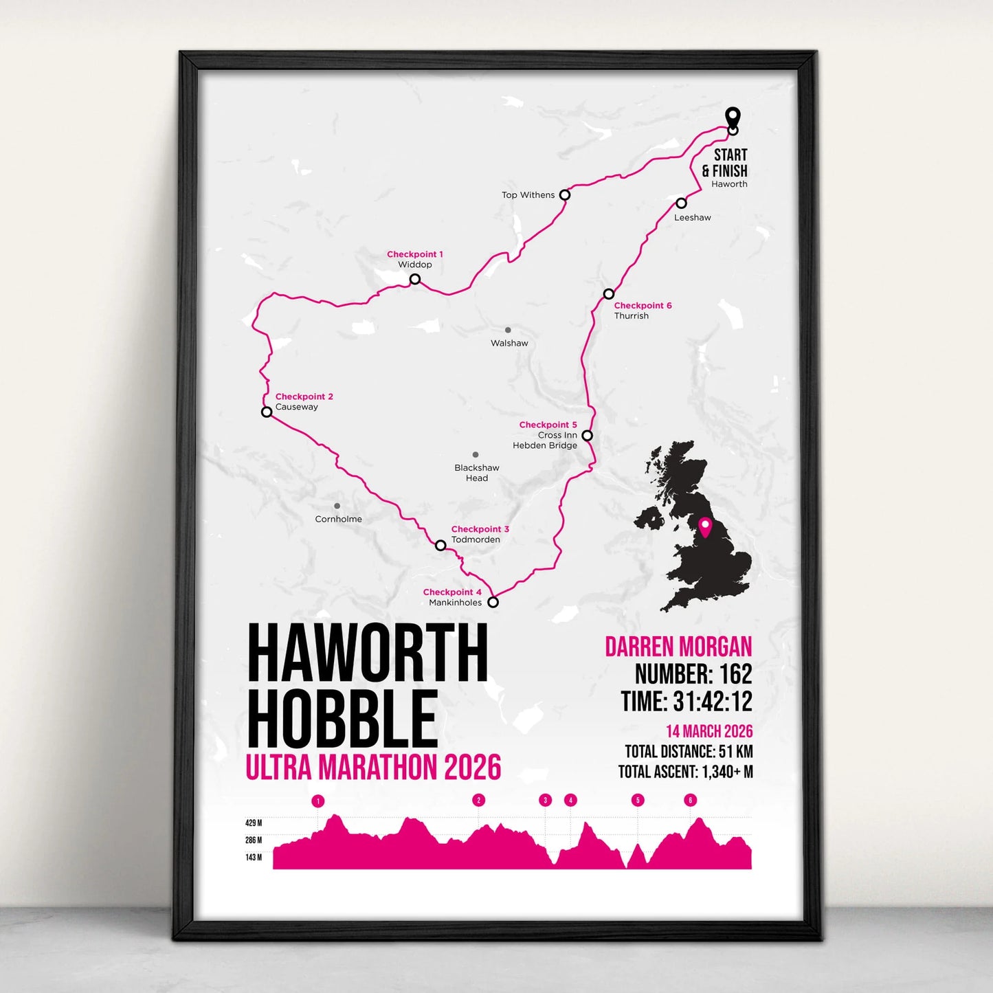 Haworth Hobble Ultra Marathon Personalised Art Print in pink from Purest Green Prints