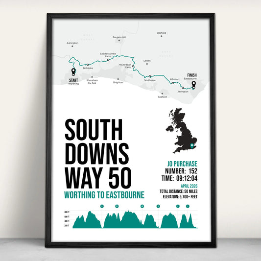 South Downs Way 50 Personalised Art Print in green from Purest Green Prints
