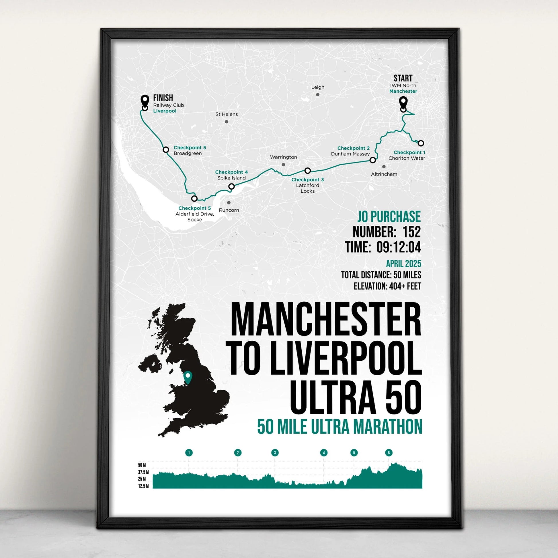 Manchester to Liverpool Ultra 50 Personalised Art Print in green from Purest Green Prints