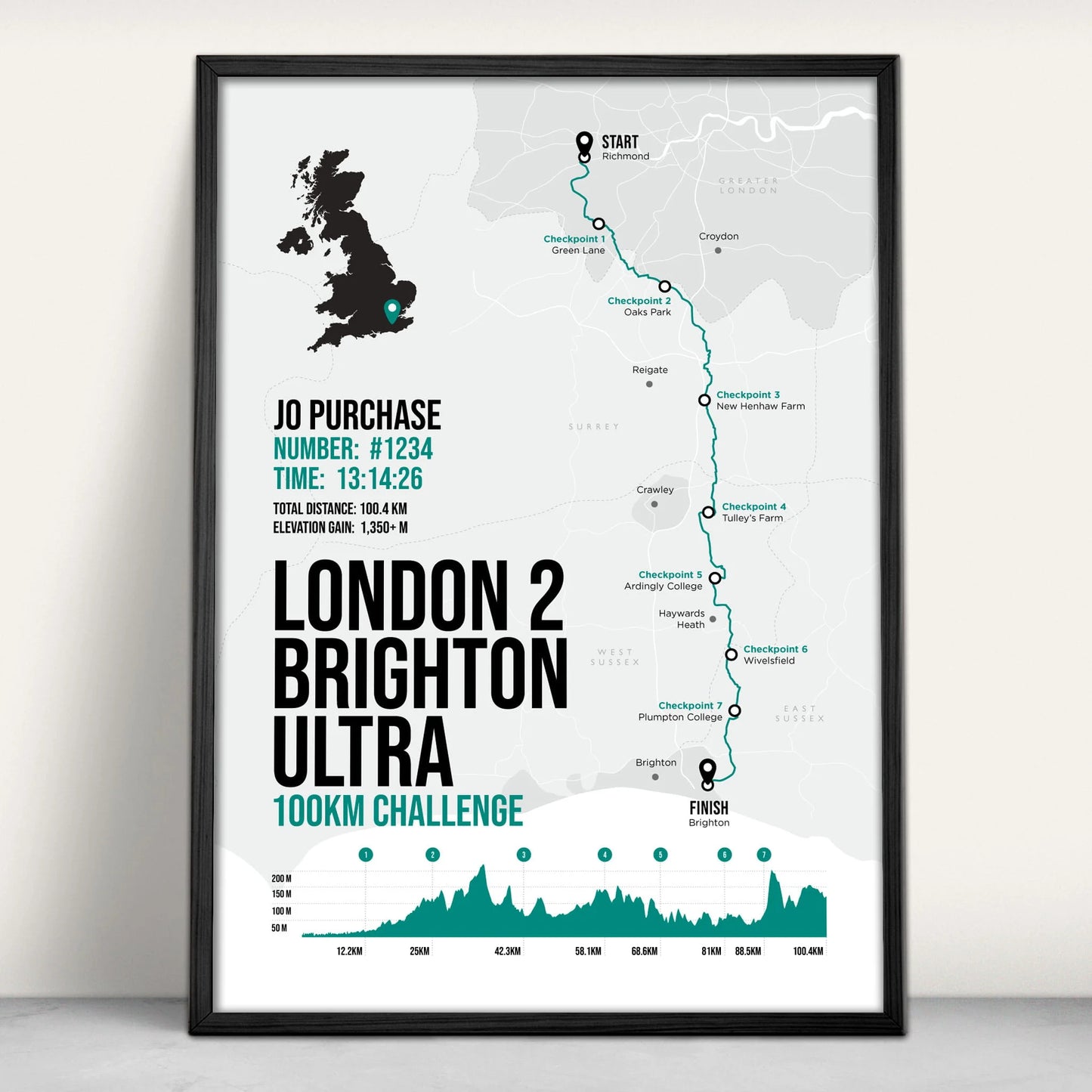 London 2 Brighton Ultra Personalised Art Print in green from Purest Green Prints
