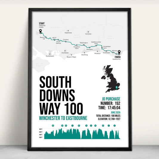 South Downs Way 100 Personalised Art Print in green from Purest Green Prints