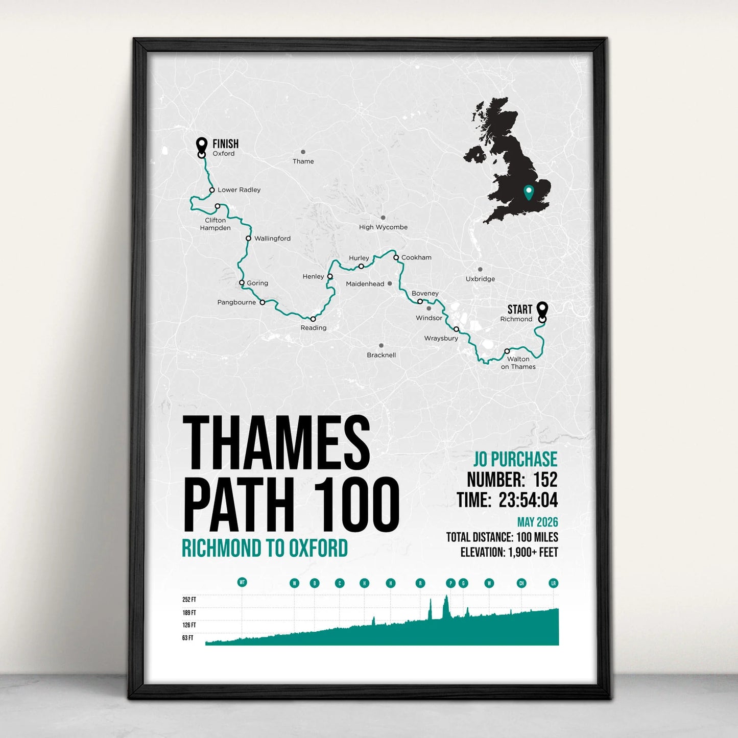 Thames Path 100 Personalised Art Print in green from Purest Green Prints