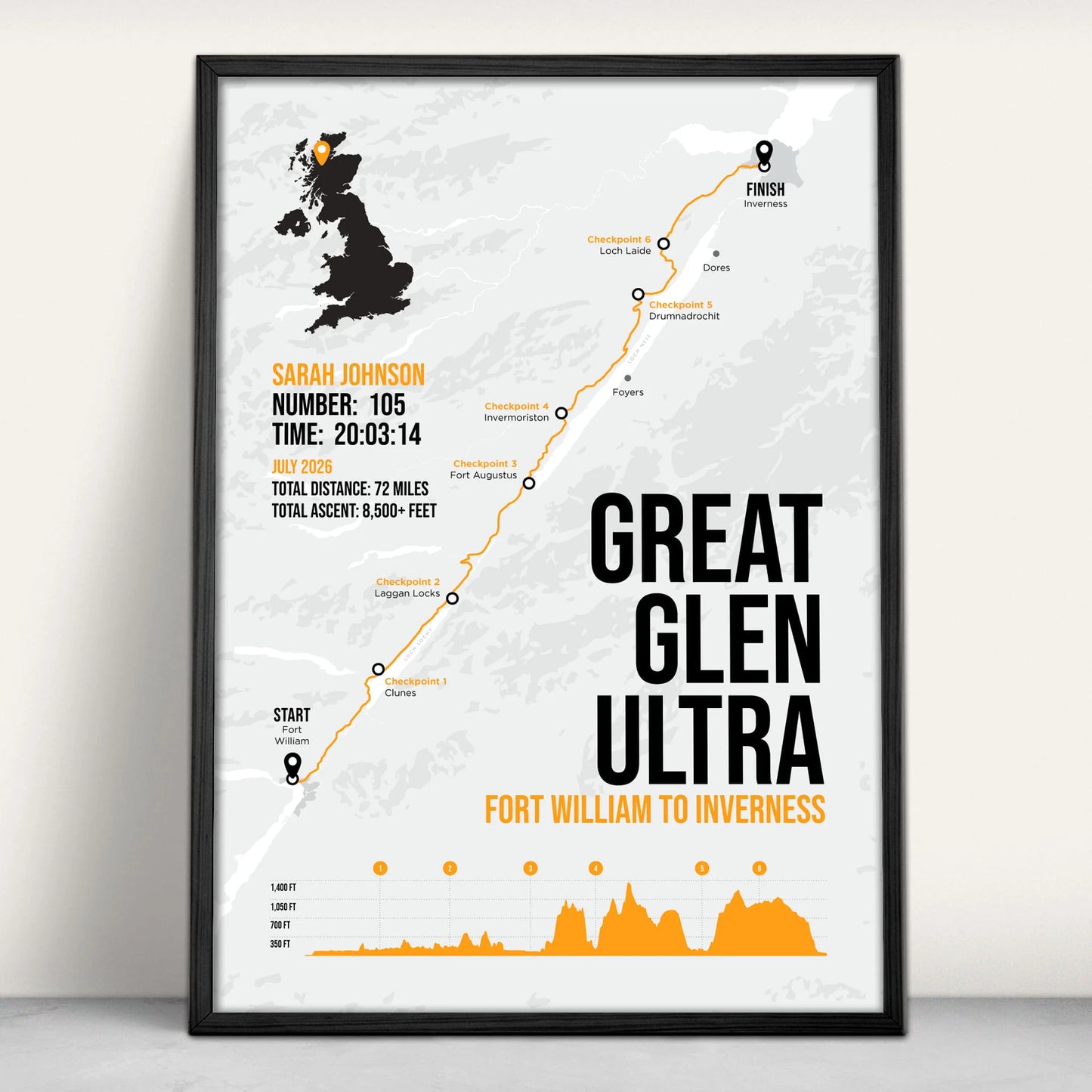Great Glen Ultra Personalised Art Print in orange from Purest Green Prints