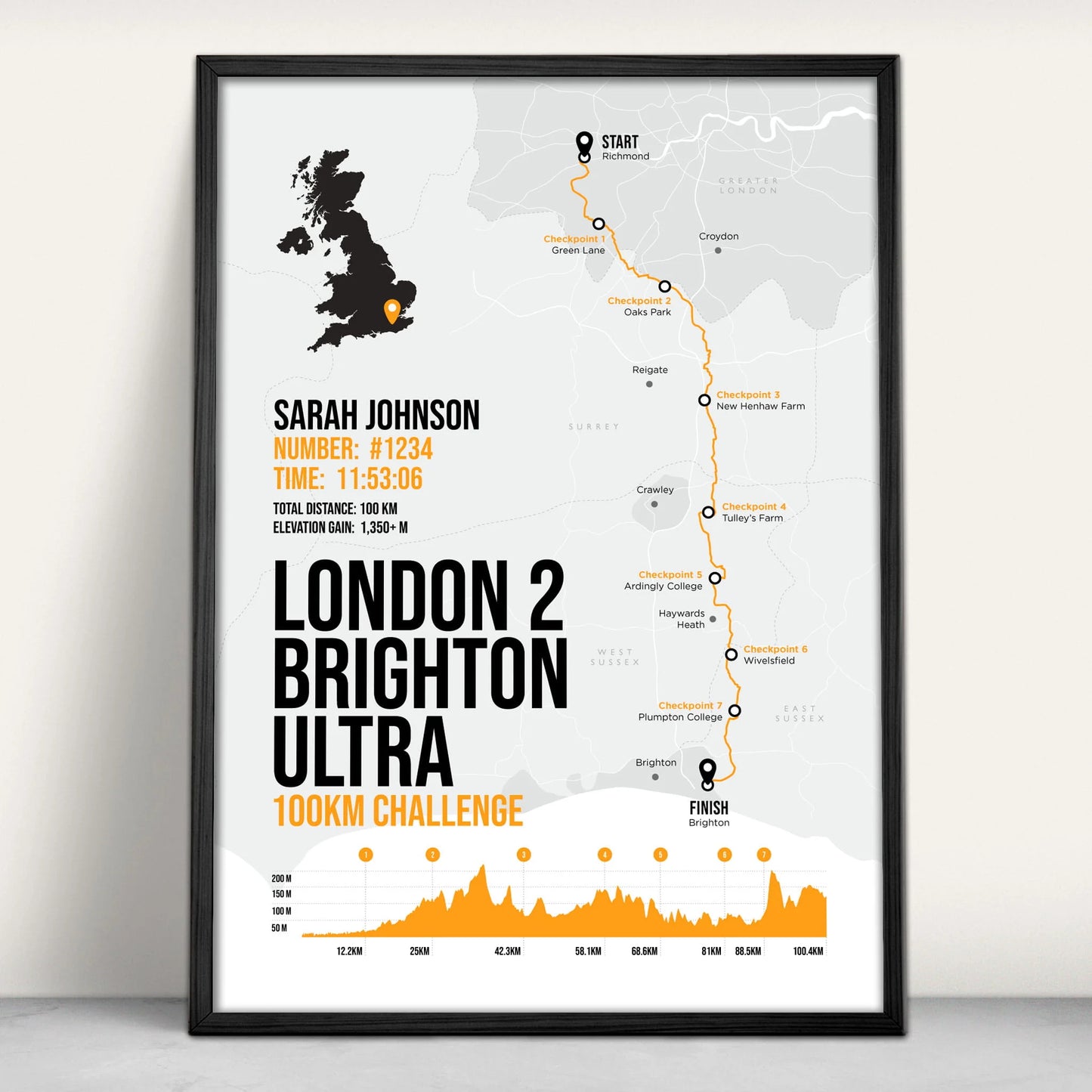 London 2 Brighton Ultra Personalised Art Print in orange from Purest Green Prints