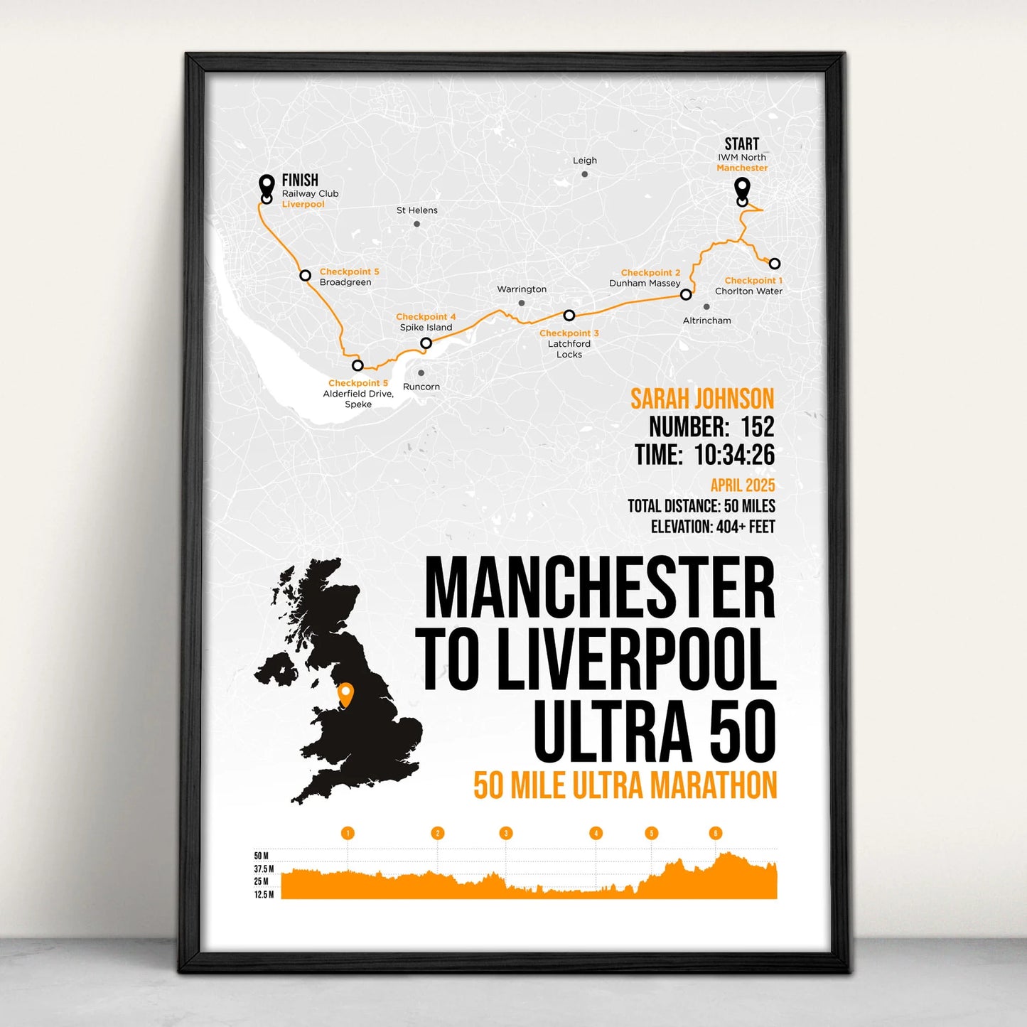 Manchester to Liverpool Ultra 50 Personalised Art Print in orange from Purest Green Prints