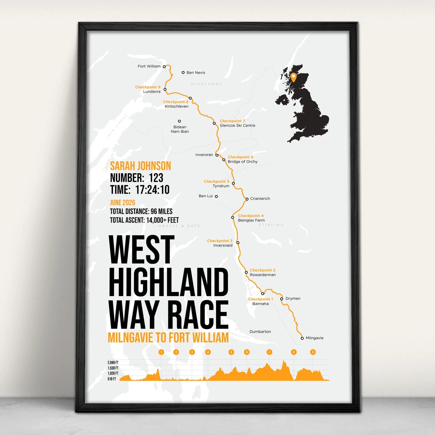 West Highland Way Race Personalised Art Print in orange from Purest Green Prints