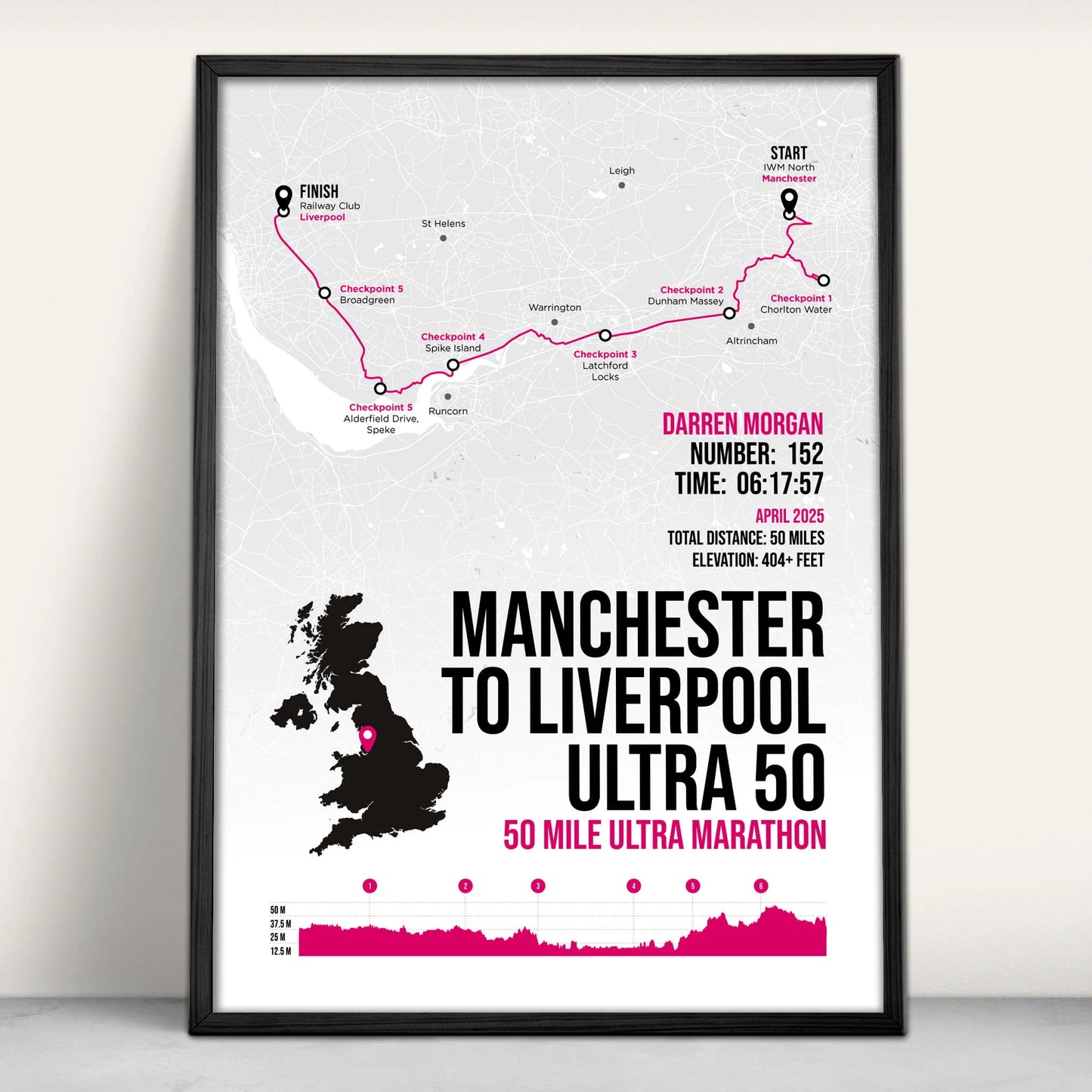 Manchester to Liverpool Ultra 50 Personalised Art Print in pink from Purest Green Prints