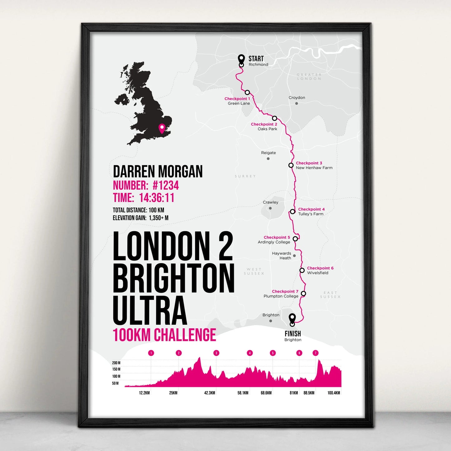 London 2 Brighton Ultra Personalised Art Print in pink from Purest Green Prints