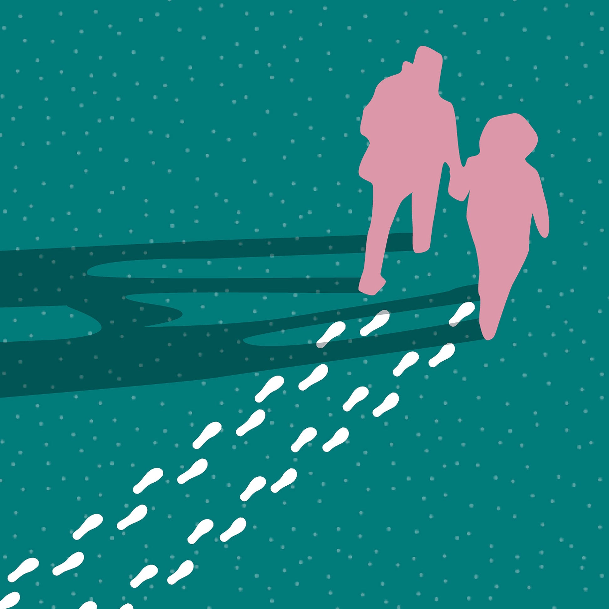 Closeup showing two people walking in plain pink against a green background holding hands.